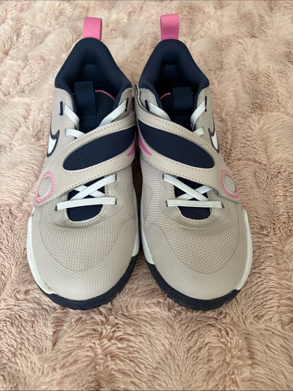 Nike Beige and Navy Kids Basketball Shoes  with Pink Details